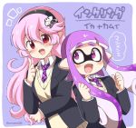  2girls alternate_color black_hairband blue_background corrin_(fire_emblem) corrin_(fire_emblem)_(female) cosplay domino_mask eromame fire_emblem fire_emblem_fates hairband inkling inkling_(cosplay) long_hair long_sleeves manakete mask multiple_girls necktie open_mouth pink_hair pointy_ears purple_eyes purple_hair red_eyes simple_background splatoon_(series) super_smash_bros. tentacle_hair twitter_username upper_body 