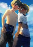  2boys ass bandaid bandaid_on_face bandaid_on_nose belt blush boxers briefs brown_eyes from_behind highres looking_at_viewer looking_back male_focus mole mole_on_thigh mouth_hold multiple_boys nakahara_gala open_pants original outdoors panties_day pectorals shirt_lift shirtless shota sky underwear undressing white_briefs 