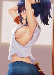  1girl armband arms_up ass bangs bare_arms bare_shoulders blue_eyes blue_hair blue_pants blush breasts closed_mouth commentary_request denim eyebrows_visible_through_hair from_side hair_between_eyes hair_tie hair_tie_in_mouth highres jeans large_breasts minato_(ojitan_gozaru) mouth_hold no_bra original pants ponytail profile shirt sideboob sleeveless sleeveless_shirt solo tying_hair white_shirt 