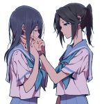  2girls bangs black_hair hand_on_another&#039;s_cheek hand_on_another&#039;s_face hibike!_euphonium kasaki_nozomi liz_to_aoi_tori long_hair looking_at_another multiple_girls neckerchief ponytail ree_(re-19) school_uniform short_sleeves skirt watch yoroizuka_mizore yuri 