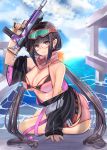  1girl ass bangs bare_shoulders bikini black_hair blue_sky blunt_bangs breasts cleavage closed_mouth fate/grand_order fate_(series) goggles goggles_on_head gun highres jacket large_breasts long_hair long_sleeves looking_at_viewer mukatsukulsp ocean off_shoulder osakabe-hime_(fate/grand_order) osakabe-hime_(swimsuit_archer)_(fate) pink_bikini pink_scarf purple_eyes scarf sitting ski_goggles sky smile solo swimsuit thighs twintails very_long_hair weapon 