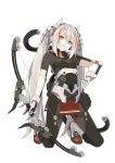  1girl arrow bow_(weapon) breasts character_request copyright_request full_body gloves headgear highres holding holding_arrow holding_bow_(weapon) holding_weapon long_hair looking_at_viewer multicolored_hair ningen_(ningen96) oni_horns orange_eyes quiver small_breasts smile solo streaked_hair twintails weapon white_hair 