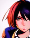  1girl akira_howard astral_chain brown_eyes brown_hair highres ilya_kuvshinov jacket looking_at_viewer police short_hair simple_background solo uniform 