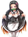  1girl bamboo bit_gag black_hair black_ribbon blush breasts brown_hair cleavage commentary_request cosplay detached_sleeves dkflkkldf dress frills gag hair_ornament hair_ribbon kamado_nezuko kimetsu_no_yaiba large_breasts long_hair looking_at_viewer maid maid_headdress mouth_hold multicolored_hair pink_eyes pink_ribbon re:zero_kara_hajimeru_isekai_seikatsu rem_(re:zero) rem_(re:zero)_(cosplay) ribbon solo thighhighs very_long_hair white_legwear 