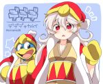  1boy 1girl blue_background breasts cleavage corrin_(fire_emblem) corrin_(fire_emblem)_(female) cosplay eromame fire_emblem fire_emblem_fates hat king_dedede king_dedede_(cosplay) kirby_(series) long_hair long_sleeves manakete mittens open_mouth pointy_ears pom_pom_(clothes) red_eyes red_headwear simple_background super_smash_bros. thumbs_up twitter_username upper_body white_hair 