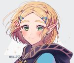  bangs blonde_hair blush braid closed_mouth crown_braid green_eyes grey_background hair_ornament hairclip looking_at_viewer loz_017 parted_bangs pointy_ears portrait princess_zelda short_hair sidelocks smile sparkle the_legend_of_zelda the_legend_of_zelda:_breath_of_the_wild the_legend_of_zelda:_breath_of_the_wild_2 thick_eyebrows twitter_username two-tone_background 