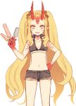  1girl :d black_bikini_top blonde_hair facial_mark fang fate/grand_order fate_(series) fingernails food hand_on_hip hizuki_mai horns ibaraki_douji_(fate/grand_order) long_hair looking_at_viewer navel oni open_mouth pointy_ears popsicle sharp_fingernails shorts simple_background slit_pupils smile solo tattoo teeth twintails very_long_hair white_background yellow_eyes 