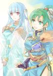  2girls black_gloves blue_hair closed_mouth dress fingerless_gloves fire_emblem fire_emblem:_the_blazing_blade fire_emblem_heroes gloves green_eyes green_hair highres hukashin long_hair lyn_(fire_emblem) multiple_girls ninian open_mouth ponytail red_eyes 