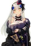  1girl asakawa_(outeq) assault_rifle bangs blunt_bangs blush breasts cowboy_shot crossed_arms dress expressionless eyebrows_visible_through_hair facial_mark german_flag girls_frontline gloves green_eyes gun h&amp;k_hk416 hair_ornament head_tilt headset heckler_&amp;_koch highres hk416_(girls_frontline) jacket large_breasts long_hair looking_at_viewer mod3_(girls_frontline) name_tag open_clothes open_jacket rifle sidelocks silver_hair snap-fit_buckle solo twitter_username very_long_hair weapon white_background 