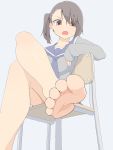  1girl asymmetrical_hair barefoot brown_eyes brown_hair check_commentary commentary_request feet hair_over_one_eye looking_at_viewer original pov_feet salpin school_uniform serafuku side_ponytail sitting soles solo toes 