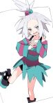  1girl aqua_eyes black_footwear blush dress grey_hair hair_bobbles hair_ornament homika_(pokemon) ixy long_sleeves looking_at_viewer open_mouth pokemon pokemon_(game) pokemon_bw2 short_hair simple_background solo standing standing_on_one_leg striped striped_dress white_background 