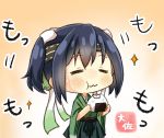  1girl =_= artist_name blue_hair chibi closed_eyes cowboy_shot eating food hachimaki headband holding holding_food japanese_clothes kantai_collection onigiri remodel_(kantai_collection) short_hair solo souryuu_(kantai_collection) taisa_(kari) twintails wavy_mouth 