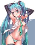  1girl ahoge aqua_neckwear armpits arms_behind_head arms_up artist_name bare_shoulders between_breasts black_legwear blue_eyes blue_hair breasts character_name closed_mouth collared_shirt covered_nipples cowboy_shot detached_sleeves furrowed_eyebrows groin hair_ornament hatsune_miku konnyaku_(kk-monmon) lapel long_hair long_sleeves looking_at_viewer medium_breasts navel necktie no_bra no_pants open_clothes open_shirt panties shirt skindentation smile solo stomach striped striped_panties thighhighs twintails underwear very_long_hair vocaloid white_shirt 