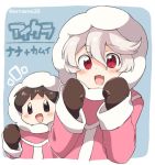  2girls blue_background brown_hair coat corrin_(fire_emblem) corrin_(fire_emblem)_(female) cosplay eromame fire_emblem fire_emblem_fates hood hood_up ice_climber long_sleeves manakete mittens multiple_girls nana_(ice_climber) nana_(ice_climber)_(cosplay) open_mouth red_eyes simple_background super_smash_bros. twitter_username upper_body white_hair 