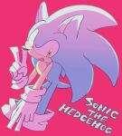  anthro blue_fur blush clothing english_text eulipotyphlan fur gesture gloves green_eyes handwear hedgehog male mammal pink_background sikai simple_background solo sonic_(series) sonic_the_hedgehog standing text v_sign 