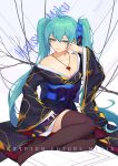  1girl alternate_costume aqua_eyes aqua_hair breasts brown_legwear cleavage collarbone flower hair_flower hair_ornament hatsune_miku heart highres japanese_clothes jewelry kimono long_hair long_sleeves looking_at_viewer necklace sitting solo thighhighs twintails vocaloid wide_sleeves youxuemingdie zettai_ryouiki 