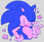  anthro blue_fur blush clothing cute_fangs eulipotyphlan fur gesture gloves grey_background half-length_portrait hand_on_hip handwear hedgehog male mammal one_eye_closed open_mouth open_smile portrait sikai simple_background smile solo sonic_(series) sonic_the_hedgehog sparkles star v_sign wink 