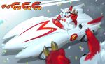  2008 anthro armor belly black_nose car duo fur headgear helmet japanese_text navel nekomarudon nintendo pok&eacute;mon pok&eacute;mon_(species) red_fur sitting slightly_chubby speed_racer tanukimaru text vehicle video_games white_fur zangoose 