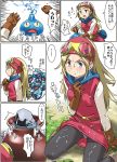  1girl :o belt blonde_hair blue_eyes blush boots breasts brown_footwear brown_gloves closed_mouth commentary_request dragon_quest dragon_quest_builders dress female_builder_(dqb) gloves goggles goggles_on_head imaichi long_hair open_mouth panties panties_under_pantyhose pantyhose red_dress sexually_suggestive slime_(dragon_quest) underwear 