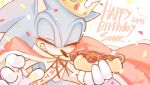  2015 anthro birthday blue_fur blush cape chili_dog clothing confetti crown den255 duo english_text eulipotyphlan eyes_closed food fur gloves grin handwear happy hedgehog holding_food holding_object male mammal simple_background smile sonic_(series) sonic_the_hedgehog text white_background 