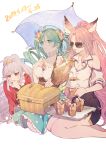  3girls a082 ahoge animal_ears beach_umbrella black_skirt breasts catherine_(granblue_fantasy) cleavage clenched_hand cup dated de_la_fille drill_hair granblue_fantasy green_hair hair_bobbles hair_ornament hand_up long_hair medusa_(shingeki_no_bahamut) multiple_girls pink_hair pointy_ears polka_dot_skirt pouring silver_hair simple_background sitting skirt sunglasses teacup teapot tray umbrella very_long_hair white_background wicker_basket 