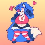  &lt;3 2019 :3 anthro big_breasts blue_fur blue_hair blue_tail bottomwear breasts canid canine clothed clothing crazybear crop_top eye_patch eyelashes eyewear female fox fur gesture hair heterochromia hi_res lazuli_(doggod.va) legwear mammal pattern_clothing pattern_legwear purple_eyes shirt shorts slightly_chubby striped_clothing striped_legwear stripes thick_thighs tongue tongue_out topwear v_sign white_fur white_tail yellow_eyes 