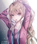  1girl antenna_hair arms_behind_head blonde_hair blue_eyes breasts collarbone commentary_request danganronpa eyebrows_visible_through_hair hair_between_eyes hair_ornament_removed in_mouth iruma_miu long_hair long_sleeves looking_at_viewer medium_breasts new_danganronpa_v3 pink_shirt ponytail shirt solo twitter_username z-epto_(chat-noir86) 