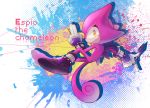  abstract_background anthro chameleon clothing den255 english_text espio_the_chameleon footwear frown gesture gloves handwear hi_res holding_object holding_weapon horn lizard male meller&#039;s_chameleon purple_body reptile scalie shoes solo sonic_(series) spikes text weapon yellow_eyes 