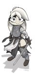  2019 anthro armor belt breastplate clothed clothing dual_wielding female gloves gorget greaves grey_eyes handwear holding_object holding_sword holding_weapon kukri lagomorph landylyn_(yitexity) leporid looking_at_viewer mammal melee_weapon rabbit scabbard shadow signature simple_background solo standing sword weapon white_background yitexity 