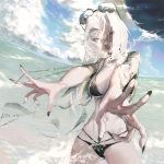  1girl absurdres admiral_(kantai_collection) bikini black_bikini black_nails blue_sky breasts carmilla_(swimsuit_rider)_(fate) chain cloud eyewear_on_head fate/grand_order fate_(series) highres long_hair looking_at_viewer male_focus ocean orange_eyes pale_skin sky slit_pupils smile solo sunglasses swimsuit tok white_hair 