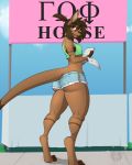  2019 3_toes 5_fingers anthro bottomwear breasts brown_fur brown_skin butt clothing crop_top digitigrade eyebrows female fingers fur kangaroo looking_at_viewer macropod mammal marsupial purple_eyes shirt short_shorts shorts small_breasts smile solo standing text thick_thighs toeless_(marking) toes topwear tyroo tyroo_(character) 