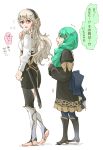  2girls barefoot black_hairband bow corrin_(fire_emblem) corrin_(fire_emblem)_(female) fire_emblem fire_emblem:_three_houses fire_emblem_fates flayn_(fire_emblem) from_side garreg_mach_monastery_uniform green_eyes green_hair hair_ornament hairband long_hair long_sleeves looking_back manakete multiple_girls open_mouth pointy_ears red_eyes robaco scabbard sheath sheathed simple_background sword uniform weapon white_background white_hair 