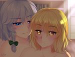  blonde_hair blue_eyes female female/female grey_hair hair human human_only inside love mammal marisa_kirisame not_furry sakuya_izayoi silberhoernchen smile touhou video_games white_skin yellow_eyes 