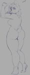  anthro breasts butt digital_flinch female fist gesture hatching_(art) hi_res mammal monochrome nude pose raised_heel side_boob simple_background sketch small_tail soles solo standing thick_thighs ursid 
