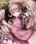  1girl alternate_hairstyle artist_name bangs blonde_hair bow cat_hair_ornament commentary_request danganronpa eyebrows_visible_through_hair fan hair_bow hair_ornament happy_birthday holding holding_fan japanese_clothes kimono long_hair looking_at_viewer pink_clothes pink_kimono ponytail saionji_hiyoko smile solo super_danganronpa_2 twitter_username very_long_hair yellow_eyes z-epto_(chat-noir86) 