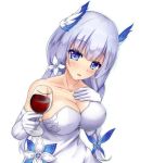  1girl :d alcohol azur_lane bai_da bare_shoulders blue_eyes braid breasts cleavage covered_nipples cup dress drinking_glass elbow_gloves flower gloves hair_flower hair_ornament hand_on_own_chest highres holding holding_cup illustrious_(azur_lane) illustrious_(illustrious_ballroom)_(azur_lane) large_breasts long_hair looking_at_viewer mole mole_under_eye open_mouth silver_hair simple_background smile solo strapless strapless_dress upper_body white_background white_dress white_gloves wine wine_glass 