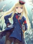  &gt;:) 1girl artist_name bangs blonde_hair blue_coat blurry blurry_background blush brown_legwear closed_mouth commentary_request depth_of_field eyebrows_visible_through_hair fate/grand_order fate_(series) gloves green_eyes hagino_kouta hand_on_hip hat highres holding holding_sword holding_weapon long_hair long_sleeves lord_el-melloi_ii_case_files pantyhose peaked_cap reines_el-melloi_archisorte revision saber_(weapon) signature smile solo sword tilted_headwear v-shaped_eyebrows very_long_hair weapon white_gloves white_headwear 