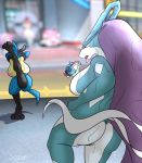  anthro barely_visible_genitalia barely_visible_pussy big_breasts breasts duo female hair legendary_pok&eacute;mon lucario nintendo nipples nude outside pok&eacute;mon pok&eacute;mon_(species) pokk&eacute;n_tournament pussy reptilligator suicune video_games 