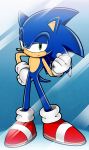  anthro blue_background blue_fur clothing den255 eulipotyphlan fist footwear frown fur gloves gradient_background green_eyes handwear hedgehog hi_res male mammal on_model shoes simple_background solo sonic_(series) sonic_the_hedgehog standing wallpaper 