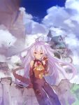  bare_shoulders bodysuit breastplate elbow_gloves gloves granblue_fantasy headpiece highres lavender_hair long_hair looking_at_viewer medusa_(shingeki_no_bahamut) outdoors red_eyes sawayaka_samehada shingeki_no_bahamut sitting smile tail very_long_hair 