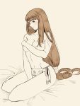  1girl arc_the_lad arc_the_lad_ii bare_shoulders bed blush breasts brown_eyes brown_hair cleavage collarbone commentary_request lieza long_hair low-tied_long_hair marusa_(marugorikun) solo very_long_hair 