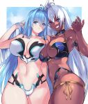  2girls android armlet armpits bikini blue_bikini blue_eyes blue_hair border breasts cleavage cloud cloudy_sky commentary_request cowboy_shot cyborg dark_skin earrings eyebrows_visible_through_hair eyes_visible_through_hair grin jewelry kos-mos large_breasts long_hair multiple_girls navel negresco side-tie_bikini silver_hair sky smile swimsuit t-elos very_long_hair white_bikini white_border xenosaga 