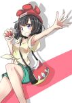  1girl absurdres arm_up armpits bag beanie between_breasts black_hair blue_eyes blush breasts clenched_teeth floral_print handbag hat highres jumping midriff mizuki_(pokemon) outstretched_arm pae_(ac40935_m41) poke_ball pokemon pokemon_(game) pokemon_sm red_headwear shadow shirt short_hair shorts simple_background sketch solo strap_between_breasts teeth tied_shirt 