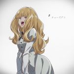  1girl bangs blonde_hair blue_eyes carole_&amp;_tuesday dingdaydream dress eighth_note freckles long_hair long_sleeves musical_note open_mouth puffy_sleeves simple_background solo standing tuesday_simmons very_long_hair white_dress 