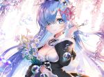  applecaramel_(acaramel) aqua_eyes aqua_hair bow breasts bubbles cleavage cropped dress flowers headdress long_hair maid re:zero_kara_hajimeru_isekai_seikatsu rem_(re:zero) waifu2x 