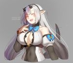  black_hairband breasts chocojax epic7 grey_background hairband horns large_breasts pointy_ears ribbon smile tail white_hair yufine_(epic7) 