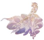  1girl a082 blonde_hair bracelet breasts brown_eyes cleavage djeeta_(granblue_fantasy) dress flower granblue_fantasy hair_flower hair_ornament high_heels jewelry knights_of_glory long_sleeves looking_at_viewer shoulder_armor simple_background solo sword the_glory thighhighs weapon white_dress white_legwear 