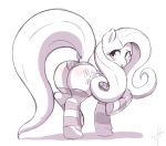  2019 absurd_res blush butt butt_blush cewljoke clothed clothing cutie_mark equid equine female feral fluttershy_(mlp) friendship_is_magic hi_res legwear looking_back mammal monochrome my_little_pony panties pterippus signature simple_background solo stockings underwear white_background wings 