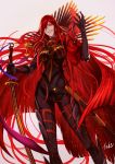  1girl armored_boots bangs board_game bodysuit boots breasts cape chain fate/grand_order fate_(series) gloves go hair_over_one_eye large_breasts long_hair looking_at_viewer oda_kippoushi_(fate) oda_nobunaga_(fate) oda_nobunaga_(maou_avenger)_(fate) oda_uri open_mouth red_cape red_eyes red_hair smile solo sword take_tw01 very_long_hair weapon 