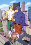  anthro avian bird boots building canid canine car city clothed clothing duo falco_lombardi footwear fox fox_mccloud hi_res high-angle_view macro male mammal micro nintendo reiker_(artist) star_fox stroll topless vehicle video_games 